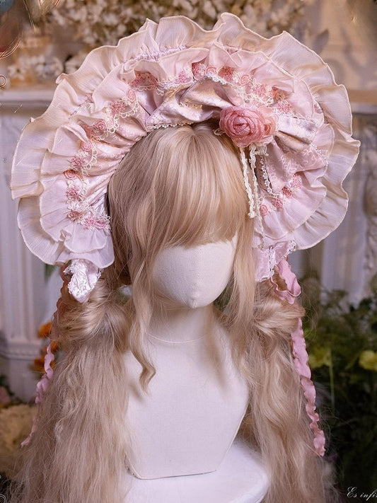 Pink/Rose with Detail Floral Lolita Rose Bonnet Light Pink Lace