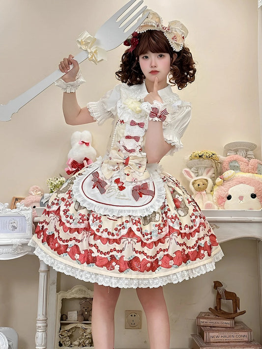 Cottagecore-Schleife an der Taille, Erdbeer- und Hasendruck, gelbes Country-Lolita-Kleid mit ärmellosen Details