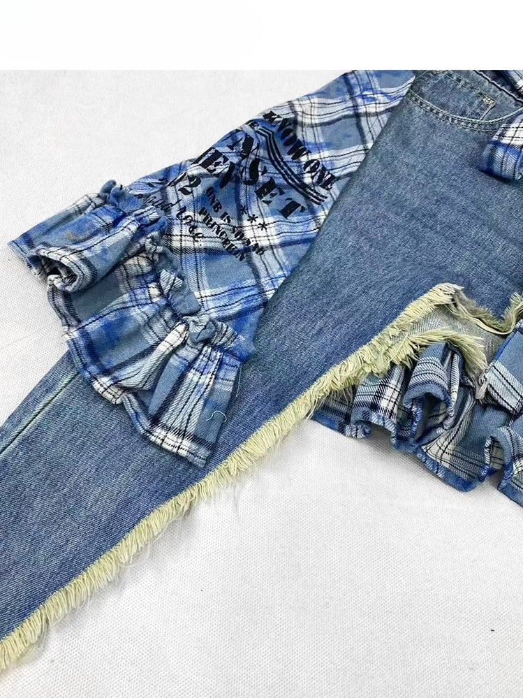 Stulpen + Shorts mit blauem Aufdruck am Saum, glamouröses Muster, bittersüßes asymmetrisches Stern-Set – karierter Applikationsrock, Beinkreuz