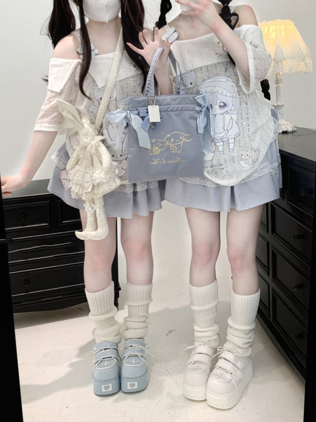 Off-the-shoulder Neckline White Jirai Kawaii Cartoon Yami Print