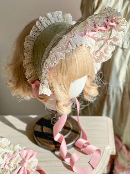 Green Bonnet and Lolita with Bows Country Trim Pink White Lace