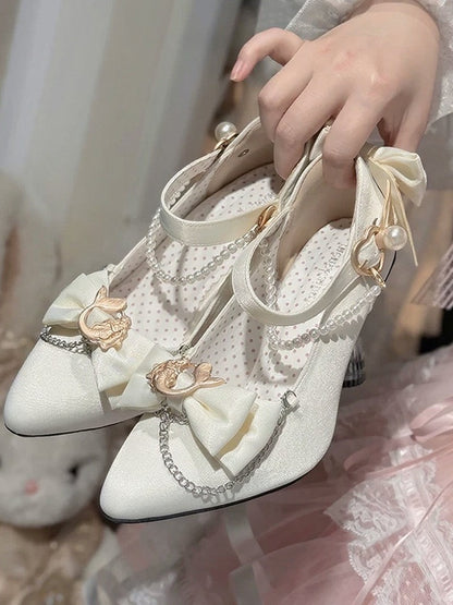 White Mermaid Lolita High 7cm Heels with Pearl Chain & Bowknot - Meng Ka Jiang