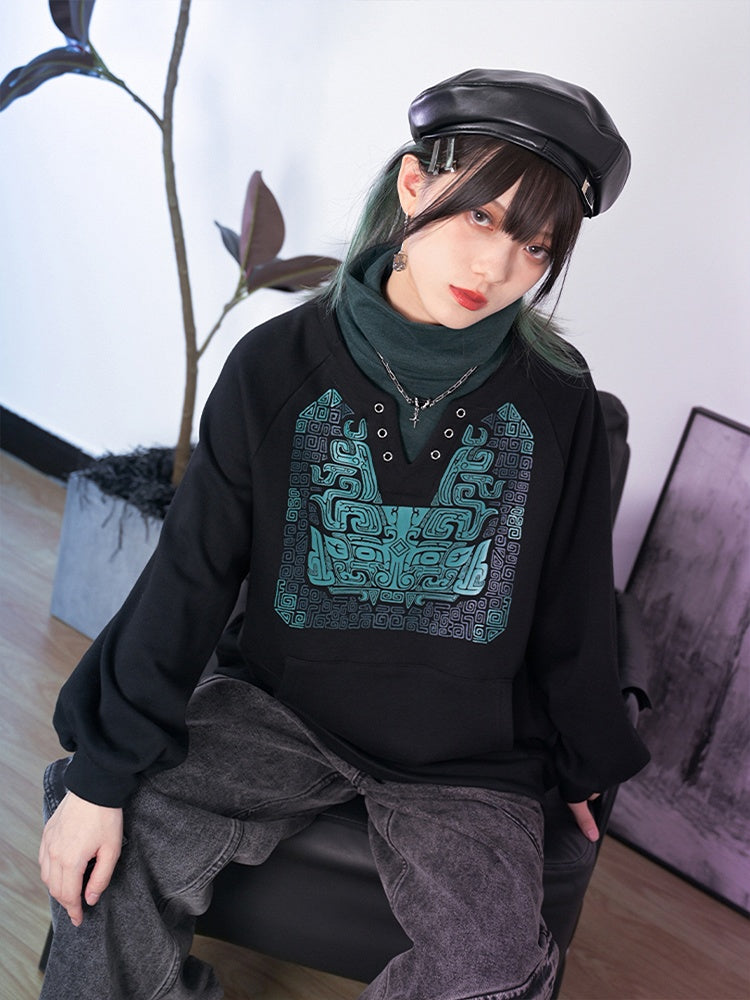 Black Collar Top Motif High with Kangaroo Cheongsam Bronze Green Pocket Faux Two-Piece Gothic