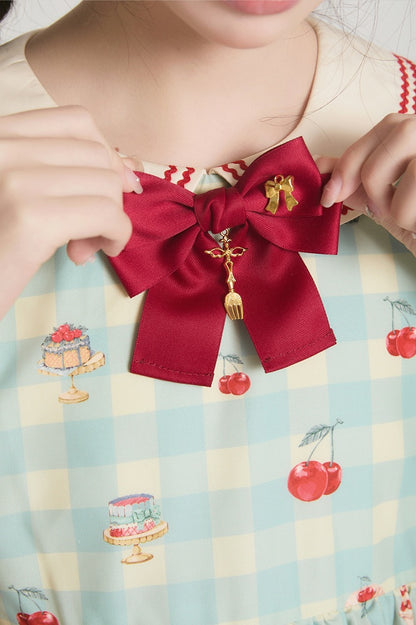 ミントグリーンのハイウエストチェリー＆デザートプリントのスイートロリータギンガムドレス