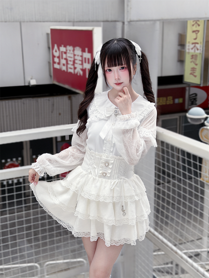 Style Design with Bow Landmine Long-Sleeve White Blouse Tie Cape Lace