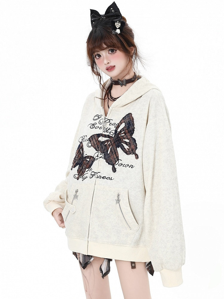 Apricot Butterfly Appliques Spring Loose Zip Hoodie