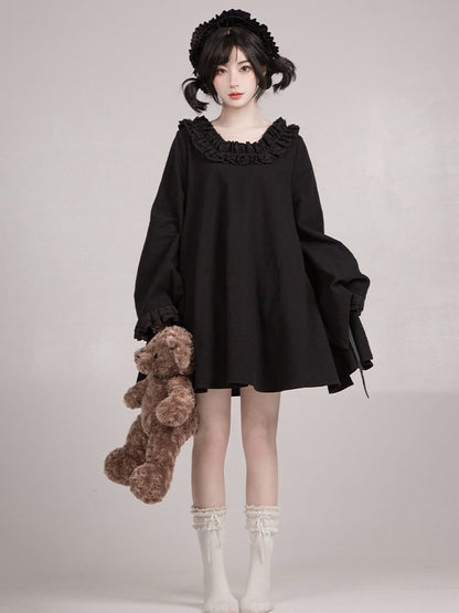 Dress Sleeves Short Neckline Version Black Ruffled Wa Long Square Lolita