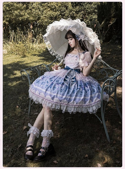 Romantic Floral Puff-Sleeve Dress with Lace, Pearl & Overlay - Mademoiselle Pearl