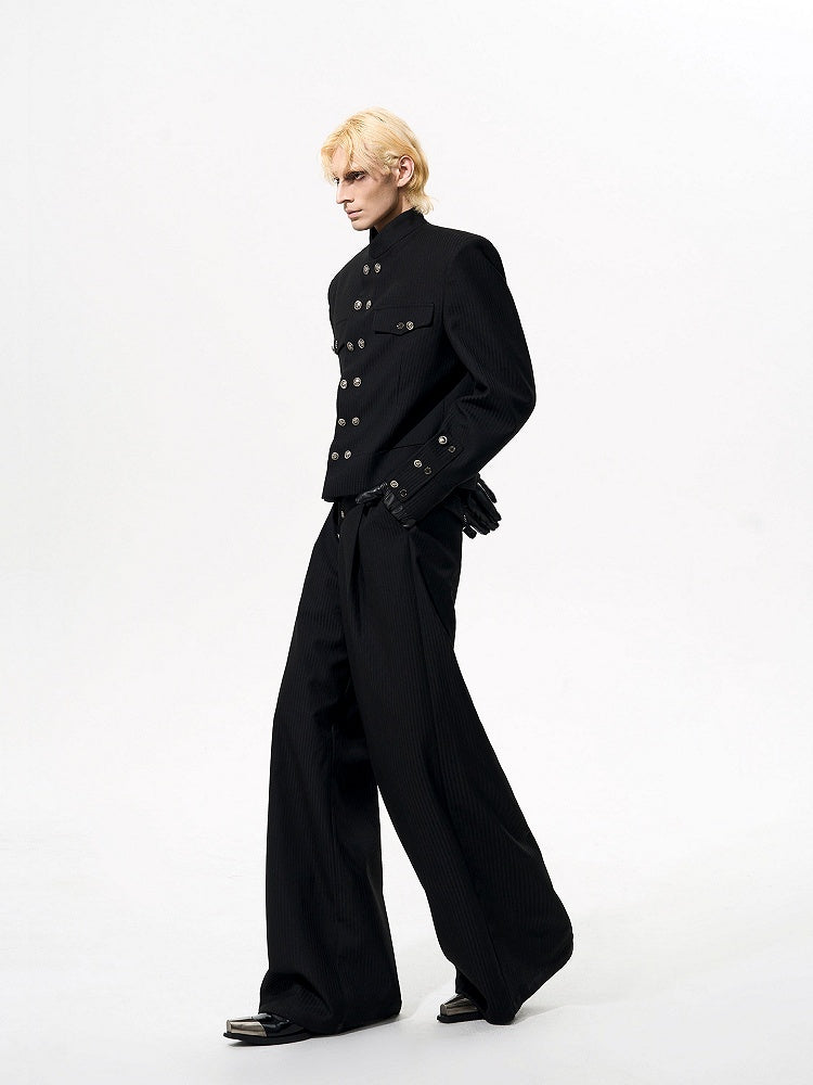 Stripe Black with Unisex Double-breasted Shoulders Padded Mock Button Placket Jacket Neck