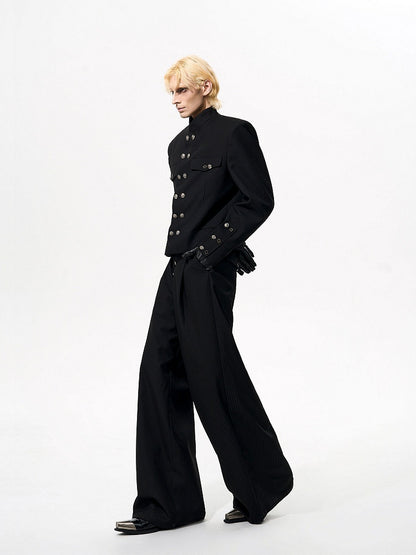 Stripe Black with Unisex Double-breasted Shoulders Padded Mock Button Placket Jacket Neck