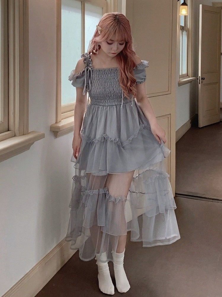 Dusty Blue Puff-Sleeve Dress with Tiered Tulle Hem - Smyster