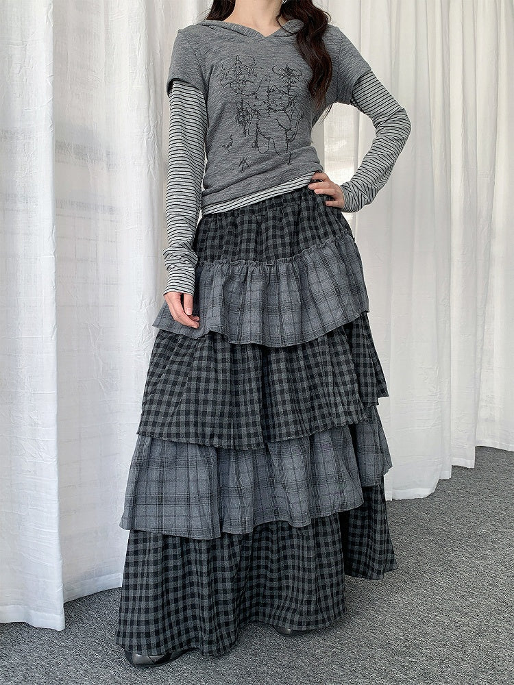 Gray Skirt Patchwork Maxi Tiered Design Plaid with