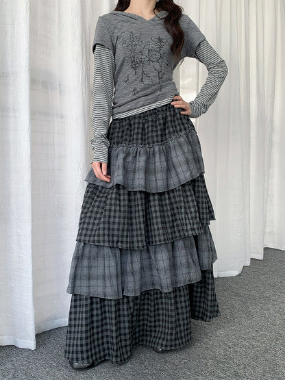 Gray Skirt Patchwork Maxi Tiered Design Plaid with