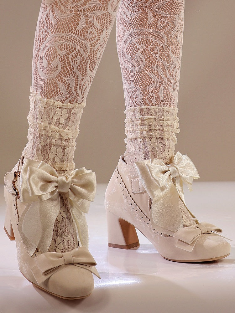Embellishments Bow Shoes High Heel Delicate Block Classic Beige Lolita - Design