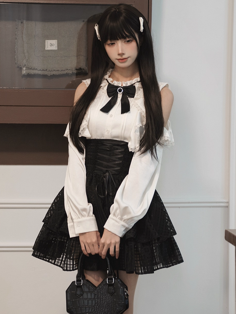 Set: White Blouse Jirai / Shoulder Lace-Up Open Tiered Kei Skirt Waist Black High Two-Piece
