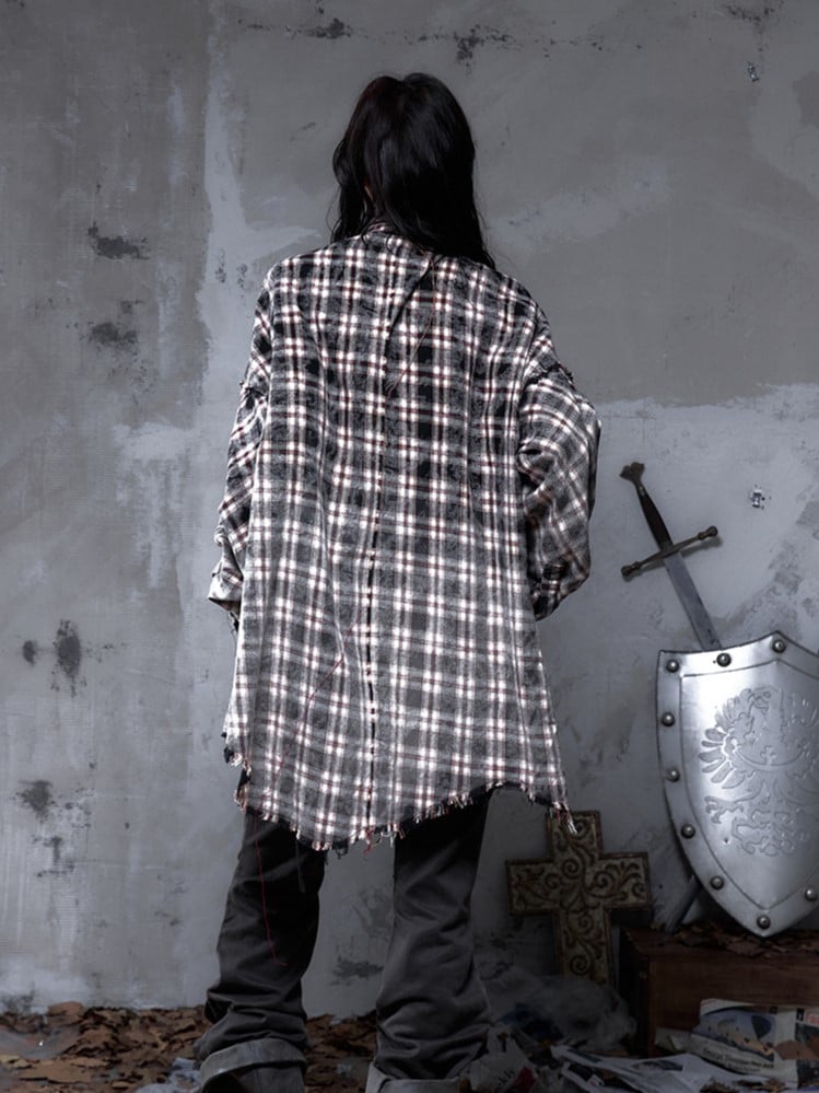 Faded Shirt Frayed Rock White Distressed Punk Edgy with Black Multi-Button Placket Hem Plaid