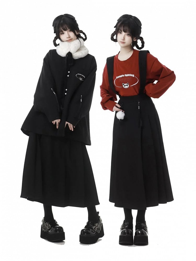 フェイクファーカラーのパンダ柄ブラックコート