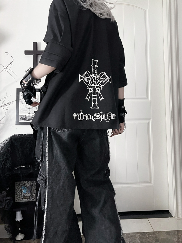 Back Cross Short-Sleeve Print Punk Hem Shirt Asymmetrical Black with