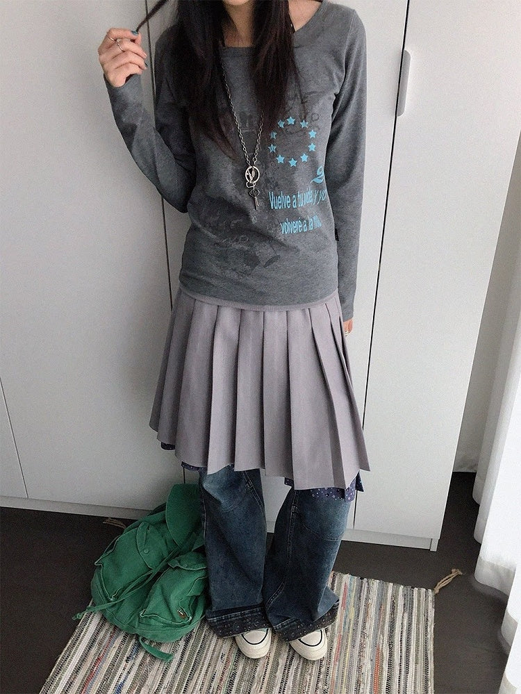 Y2K Gray Wide-Neck Long-Sleeved Fitted Tee with Distressed Graphic - innomoood