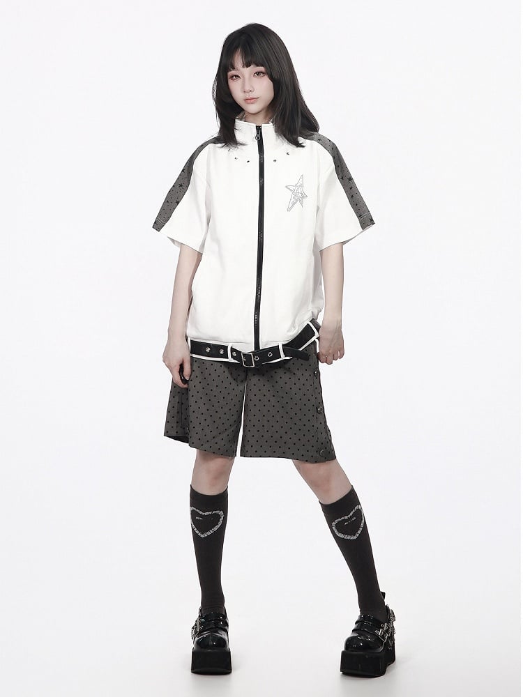 Star Print Zip-Up Jacket with Belt Accents in White and Gray - PINK SAVIOR