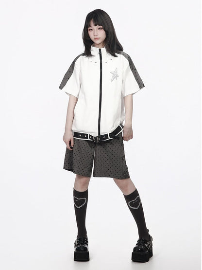 Star Print Zip-Up Jacket with Belt Accents in White and Gray - PINK SAVIOR