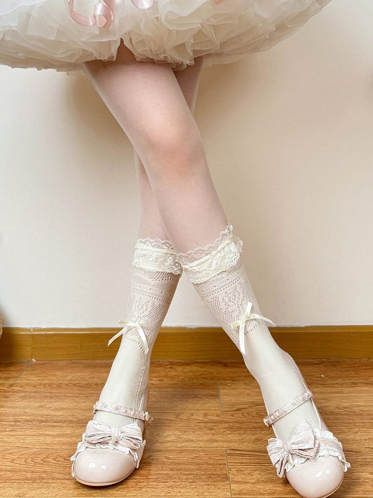 Lolita Calf Socks in White & Milk White with Lace Trim & Bow Accent - Fat Bear Story