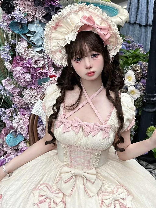 スクールオールドピンクのトリムボンネットレースロリータイエロー、蝶結びのディテール付き