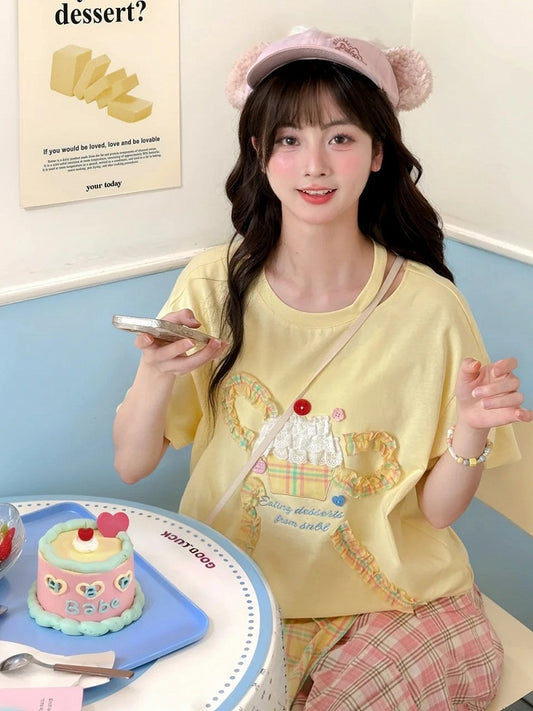 Bowknot Tiered Rüschen Big Cake Gelb Baumwolle T-shirt Design Spitze