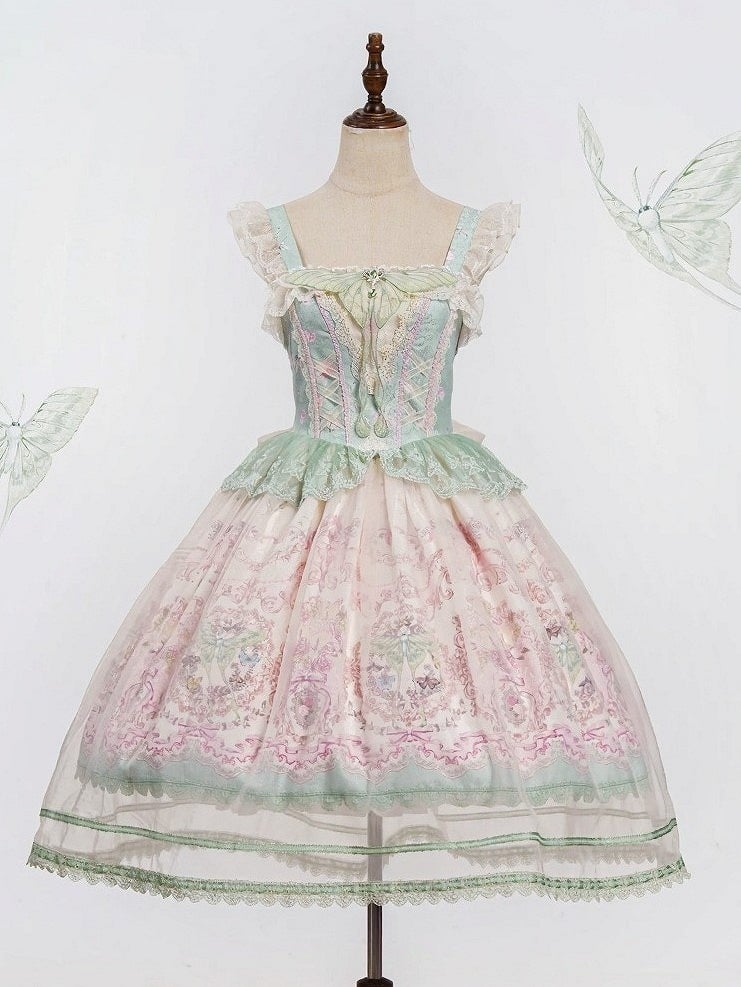 JSK Moth and with Green Pink Overlay Print Floral Dress Lolita Elegant