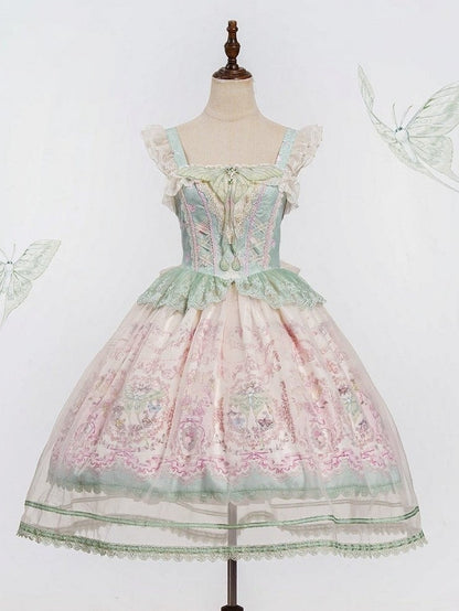 JSK Moth and with Green Pink Overlay Print Floral Dress Lolita Elegant
