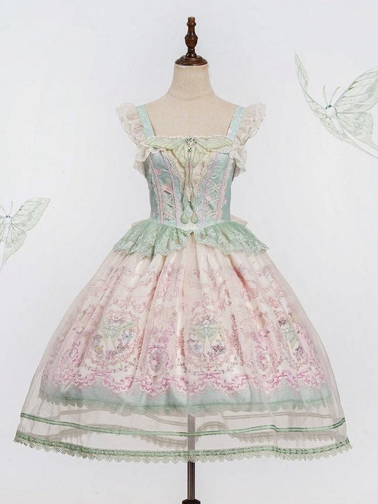 JSK Moth and with Green Pink Overlay Print Floral Dress Lolita Elegant
