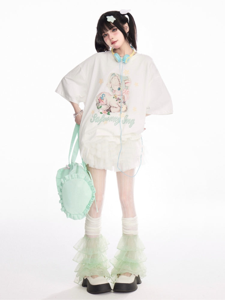 T-Shirt Loose White Round Neck Cute Deer Print