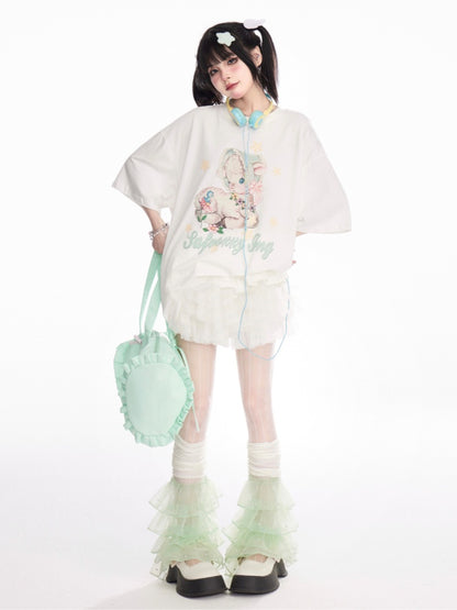 T-Shirt Loose White Round Neck Cute Deer Print