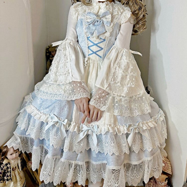 Blau-weißes Old School Lolita Fashion Kleid mit Schleife und Details, JSK-Set