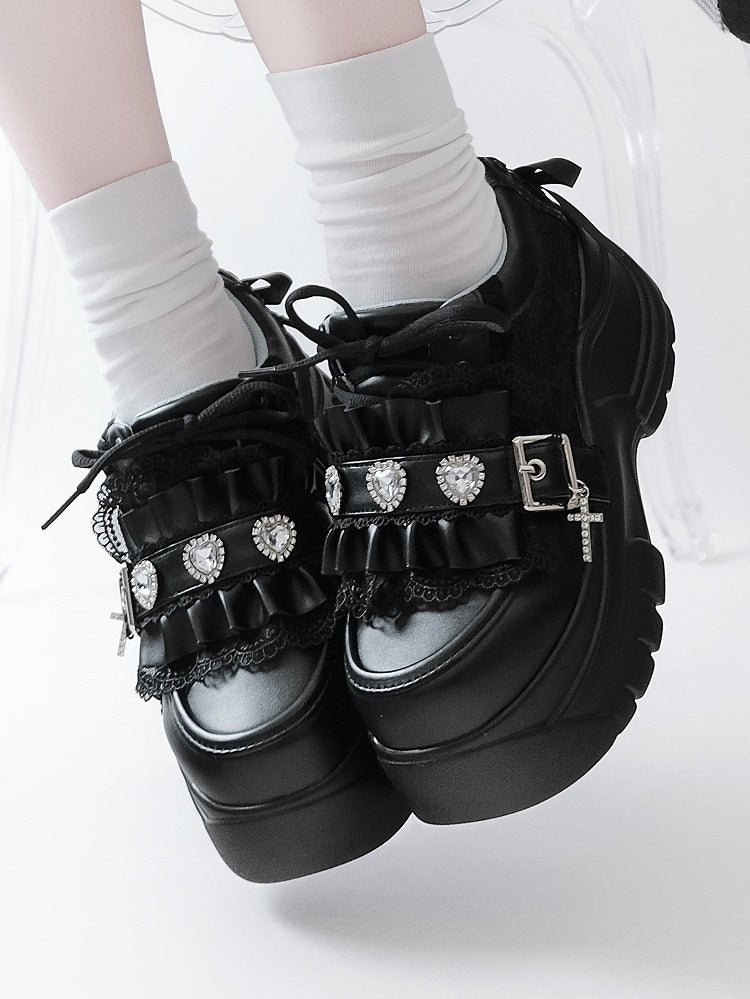 Rhinestone at Heart Ruffles Back Kei Closure Platforms Black Decor Trim Crystal Jirai - with Lace-up