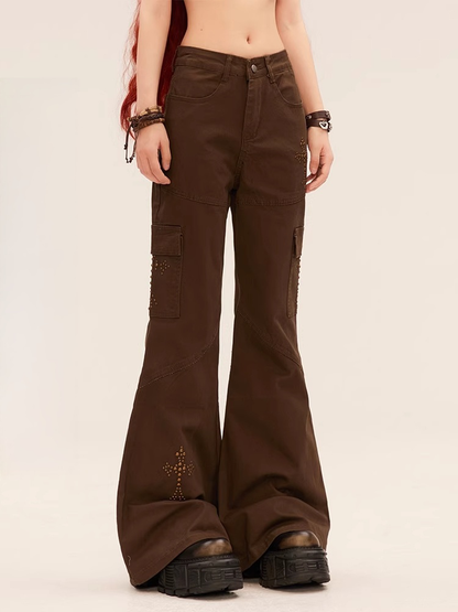 ローフレアパンツ ブラウン ウエストクロス ラインストーン ヴィンテージ