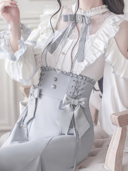 Ribbon Jirai Rhinestone Tie Lace Kei Light Bow Blue with Beaded