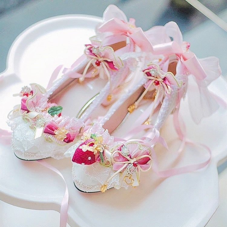Decorated Heels WhitePink Lace Strawberry Block Lolita Shoes And Beaded 5CM/8.5CM Sweet Trim
