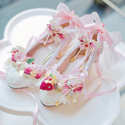 Decorated Heels WhitePink Lace Strawberry Block Lolita Shoes And Beaded 5CM/8.5CM Sweet Trim