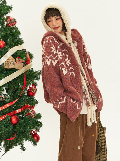 Button Drawstring Pattern Sweater - Toggle Retro Vintage Hood Accents