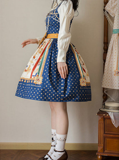 Dark Blue Musical Print Elegant Lolita Jumper Skirt - Crucis Universal Tailor Company