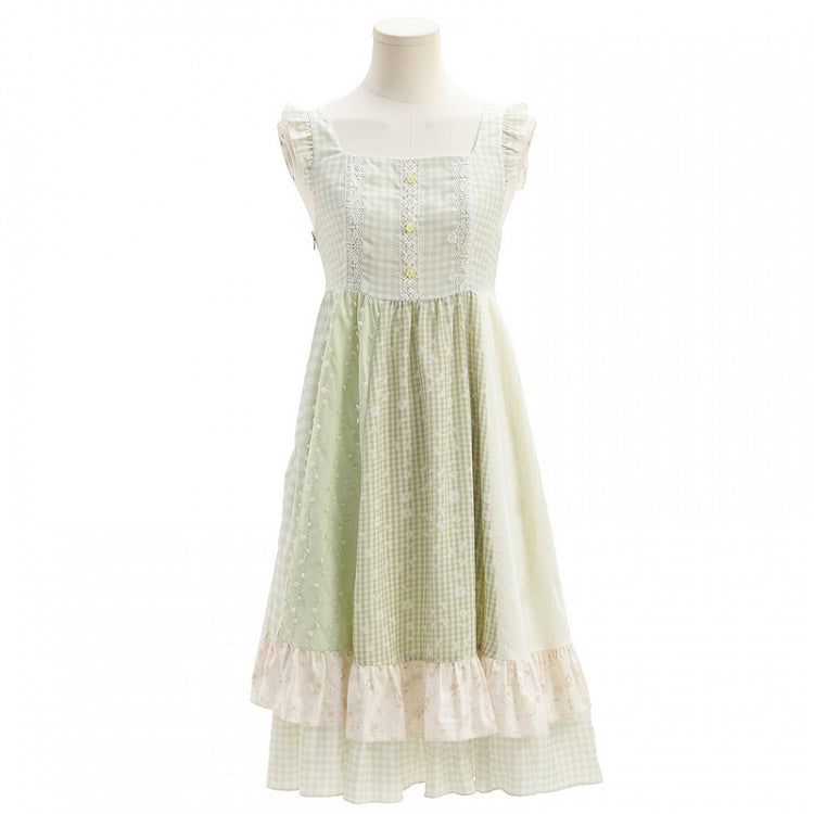 Light Sleeves	Tiered Mori Kei Green Plaid Flutter Skirt Sleeveless Dress
