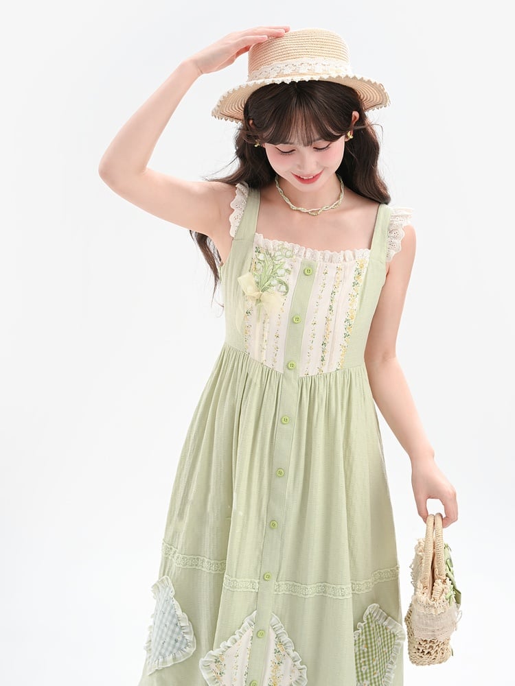 Mori Kei Green Floral Applique Sleeveless Dress