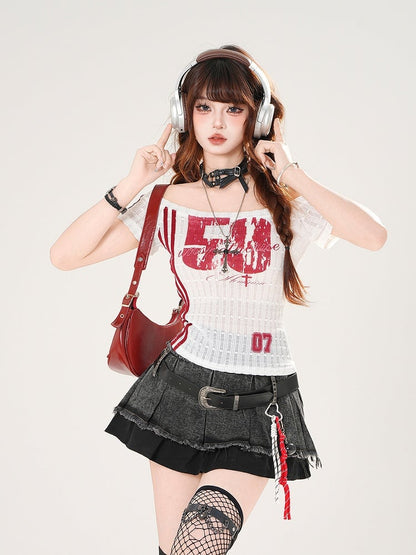 Number Print Slim-fitting Neckline Red/Black Off-the-shoulder