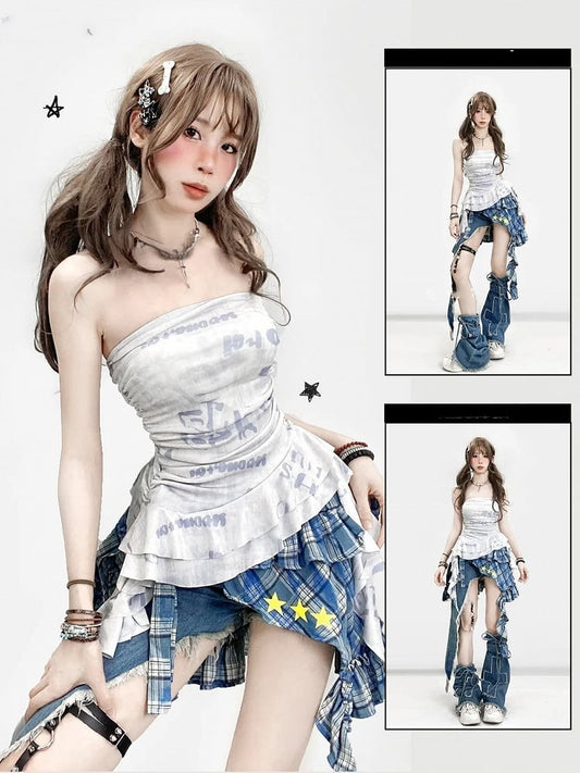 Print Glamorous Bittersweet Letter White with Top Strapless Asymmetrical Hem