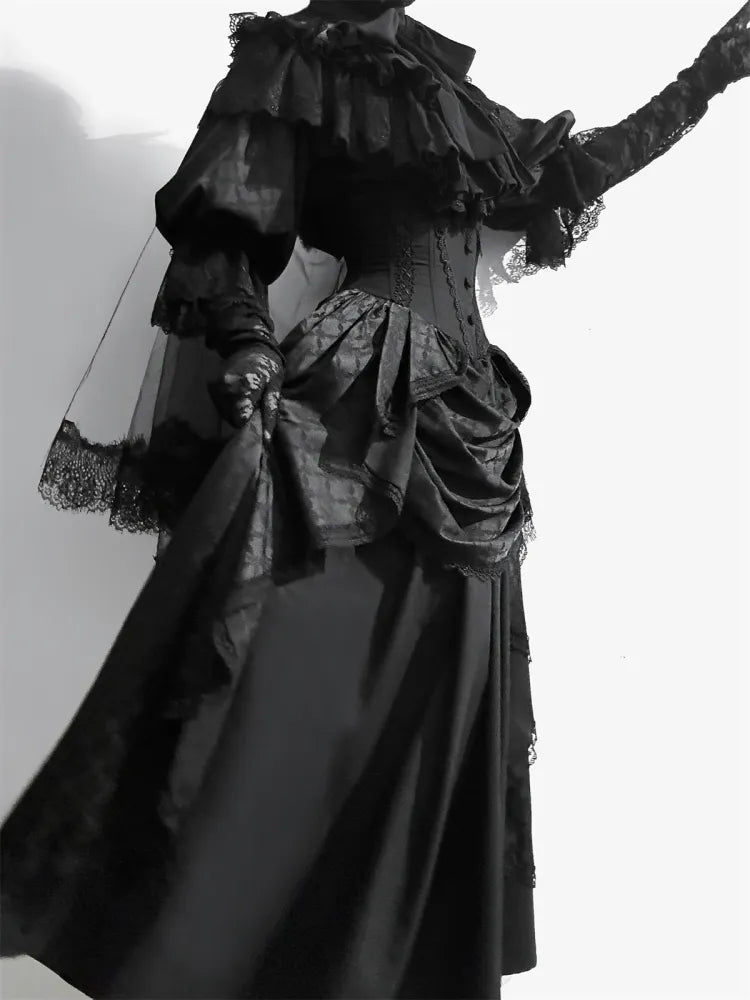 Black Boned Corset Waist Skirt High Waist Aristocrat Gothic Lolita Skirt
