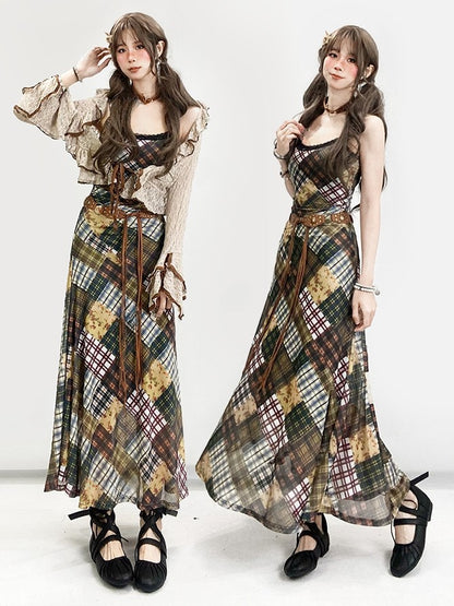 Kawaii Fashion Lace Cami Cardigan Braun kariert Bittersüß mit Millard Kleid Muster