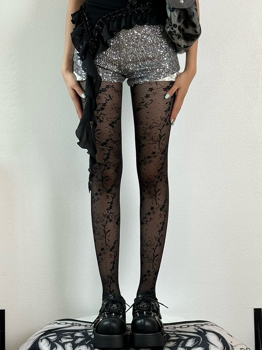 Floral Pattern Black Tights