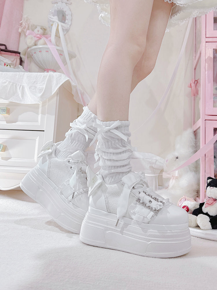Buckle White Bow Jirai Shoes Beaded Design Kei Platforms Accents