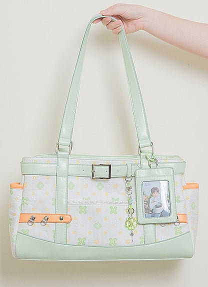 Detachable And Card Green White Ita with Accents Holder Large Strap Clover-Themed Bag Capacity Tote
